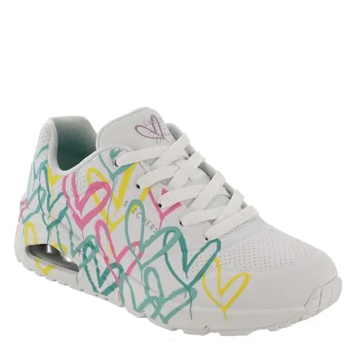 Skechers Uno Changed Love Damen Sneaker - Trendige Sneaker in Zusammenarbeit mit Künstler James Goldcrown, mit einzigartigem Lovewall-Herzdesign, Air-Cooled Memory Foam® für besten Komfort und flexibler, rutschhemmender Laufsohle – ideal für den Alltag.