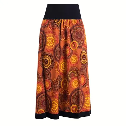 Vishes Langer Damen Herbstrock mit Mandalas in Orange - Handgefertigt aus 100% Baumwolle - Maxi-Damenrock im Hippie-Stil, 95 cm lang, mit elastischem Bund für optimalen Sitz. Ideal für jede Jahreszeit, kombiniert Komfort und nachhaltige Materialien, handgefertigt in Nepal.
