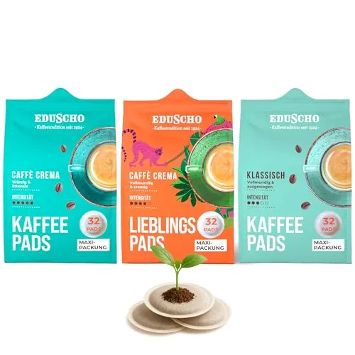 Eduscho Kaffeepadmix Probierset Vielfaltspaket, Lieblingspads Caffè Crema, Caffè Crema & Klassisch, 96 Stück - 3x 32 Pads, nachhaltig, geeignet für Senseo Maschinen
