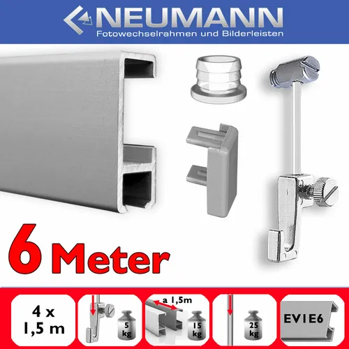 Galerieschiene mit Gleiter 6 m – Bilderschienen-Set in Silber Matt - Praktisches Bilderschienen-Set in modernem Design, einfach zu installieren und ideal für kreative Wandgestaltungen. Länge: 6m aus hochwertigem Aluminium.
