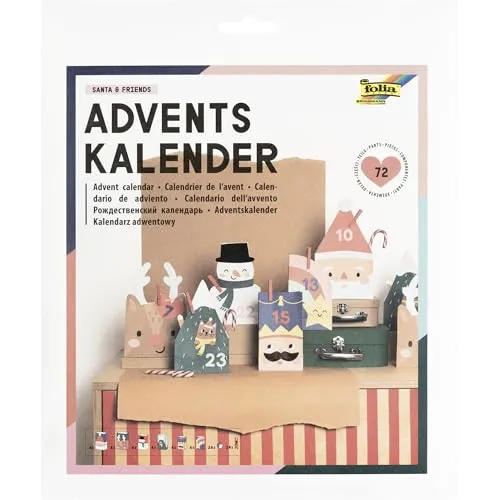 folia 9389 - Adventskalender SANTA & FRIENDS, 72-teiliges DIY Bastelset aus 24 Papiertüten mit Weihnachtsmotiven in 3 Größen, 24 Holzklammern in Rot & 24 Stickern