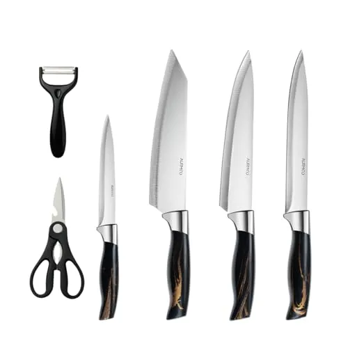 AURMOO Messerset, Scharfes Küchenmesser Set 6-teilig, Messer Kochmesser Set aus Edelstahl, Messer Set Profi Chefmesser Set mit Ergonomisches Griff
