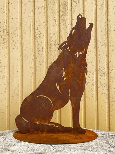 Wolf heulend auf Platte - Edelrost Metallfigur - Wetterfeste Skulptur aus handgefertigtem Metall, ideal für Garten oder Terrasse. Der heulende Wolf in edlem Rostdesign sorgt für ein einzigartiges Ambiente.