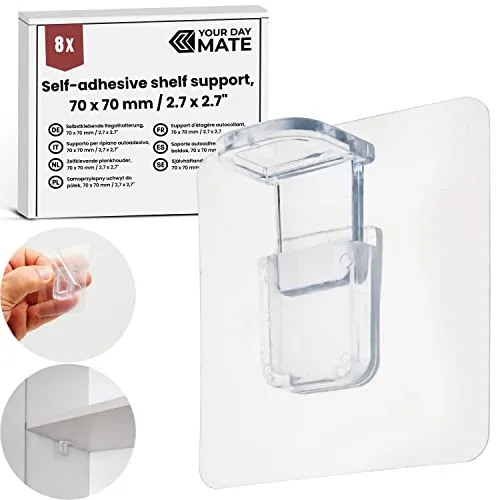 Selbstklebende Regalhalterung, 8 Pack, in Transparent, 70 x 70 mm extra starke Klebefläche, Schrankboden Halterung ohne Bohren und Schrauben, Einlegeboden Halter für Möbel, Glasboden, Fachbodenträger