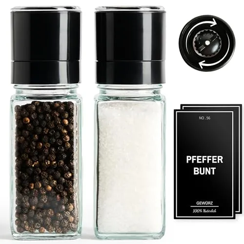 Greeano Salz und Pfeffermühle [2er Set] – Hochwertige Gewürzmühle aus Glas mit Keramikmahlwerk – Manuelle Salzmühle & Pfeffermühle für grobes Salz, Pfeffer & Gewürze
