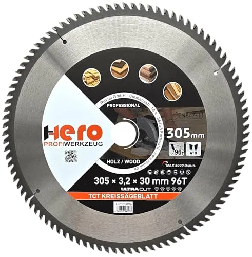 HERO Kreissägeblatt Hartmetall Sägeblatt TCT Ersatzsägeblatt Sägeblätter Kreissäge Holz/ALU Kreissägeblätter Tischkreissäge, Kappsäge (Für Holz/Holzwerkstoffe, Ø 305 x 30/20mm, 96T)