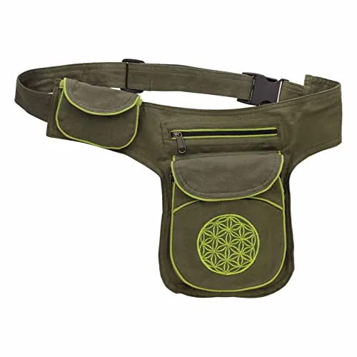 Hüfttasche Blume des Lebens in Grün - Moderne Gürteltasche aus 100% Baumwolle mit 3 Fächern, verstellbarem Gurt und geheimem Rückfach. Ideal für Festivals, Reisen und Freizeitaktivitäten. Handgefertigt in Nepal.