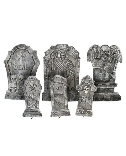 Horror-Shop Deko Grabstein Set für Halloween 6-teilig grau - Gruselige Deko für Halloween: 6-teiliges Grabstein-Set aus robustem Material, ideal für eine schaurige Atmosphäre. Perfekt für Partys und Dekorationen.