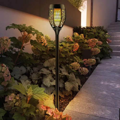 Wegeleuchte Gartenlampe Solarleuchte Fackel Akku schwarz Erdspieß warmweiß LED