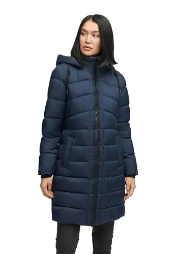 MARIKOO Damen Wintermantel N075 - Navy, Größe L - Stylischer Damen Wintermantel aus robustem 100% Polyester. Mit abnehmbarer Kapuze und warmem Futter ideal für kalte Tage. Praktische Taschenlösungen und in vielen Größen erhältlich.