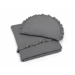 Gefüllte Bettdecke und flaches Kissen mit Musselinrüsche – 2-teiliges Set, Anthrazit