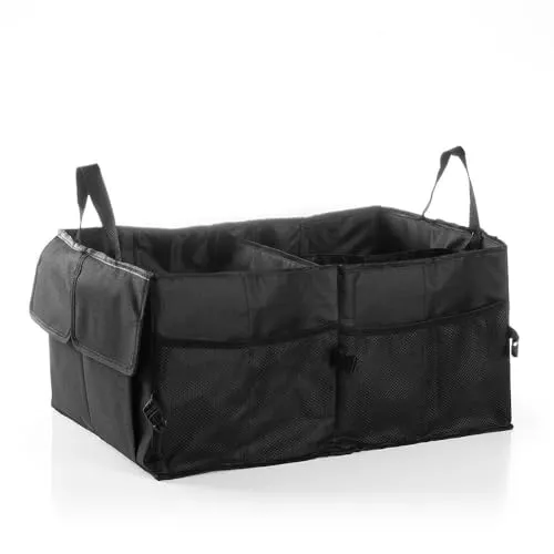 InnovaGoods - Faltbarer Kofferraum-Organizer, 55L Kapazität, 3 Hauptfächer, Mehrzweck mit Netzen und elastischen Bändern, Leicht und einfach zu bedienen, Polyester, Nylon, Polyäthylen, Schwarz