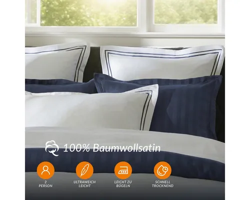 Pure Cotton 3-teiliges Doppelbett-Set – 240 x 220 cm Bettbezug & 2 Kissenbezüge – Oeko-TEX®-zertifiziert, Dunkelblau/Weiß - Dieses 3-teilige Set enthält einen Bettbezug (240 x 220 cm) und 2 Kissenbezüge (63 x 63 cm). Hergestellt aus 100% Baumwollsatin für ein glattes, pflegeleichtes Erlebnis. Ideal für einen erholsamen Schlaf in stilvollem Design.