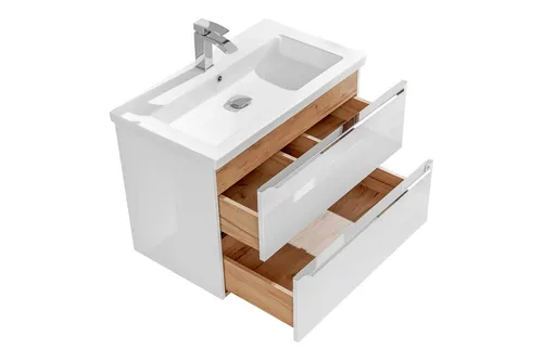 Badmöbel Set 80cm mit Waschbecken und Unterschrank - Modernes Badmöbel Set mit einem stilvollen Waschbeckenunterschrank und Waschtisch. Ideal für jedes Badezimmer, bietet praktische Schubfächer und eine ansprechende Eiche/Weiße Farbgestaltung.