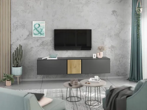 Lowboard VARIANTO 3, 190 cm, anthrazit matt - Elegantes TV-Lowboard mit grifflosem Design und zwei Hängeschränken. Bietet großzügigen Stauraum und passt sich mühelos jedem Wohnstil an. Einfache Montage dank beiliegender Schablone.