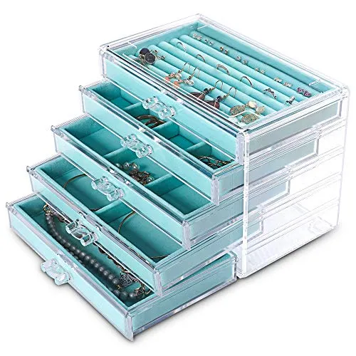 Frebeauty Extra große Acryl-Schmuckschatulle für Frauen, 5 Schichten, transparenter Schmuck-Organizer, Samt-Ohrring-Box mit 5 Schubladen, Ringe, Vitrine, Halskettenhalter (türkis)