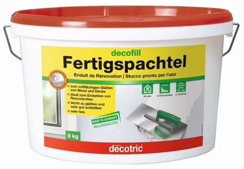 Decotric Decofill Fertigspachtel 8 kg - Hochwertige Spachtellösung - Mörtel, Putz, Zement & Gips, ideal für glatte Oberflächen und einfache Verarbeitung ohne Schleifen.