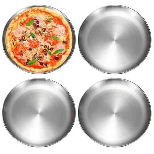 BORDEAG 4 Stück Pizzablech Rund 30 cm – Edelstahl Pizza Blech, Pizzateller, Pizzaform, Stainless Steel Plate, Pflegeleicht Pülmaschinenfest – Ideal für Backofen, Backen, Servieren & Braten