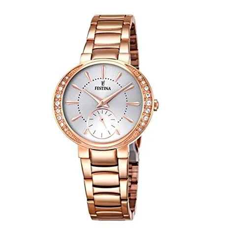Festina Damen Analog Quarz Uhr F16911/1 - Elegante Armbanduhr für Damen mit silber-kupfer Zifferblatt und 18 Zirkonia auf der Lünette. Ideal für jeden Anlass und wasserdicht bis 5 bar.