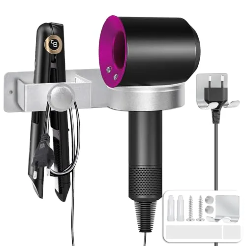 Fönhalter Ohne Bohren, Halterung für Glätteisen, Aluminium Föhn Halterung，Selbstklebende Oder Schraubbare Halterung für Haartrockner，Mit Kabelaufbewahrung，Geeignet für Bäder Friseure Hotels (Silber)