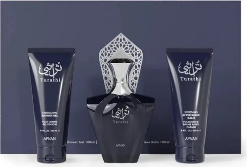 Afnan Turathi Homme Blue EDP Set 90 ml - Herrendüfte: Erfrischender, aquatischer Duft mit Zitrusnoten, ideal für aktive Männer. Inklusive Aftershave Balm und Duschgel für ein komplettes Pflegeerlebnis.