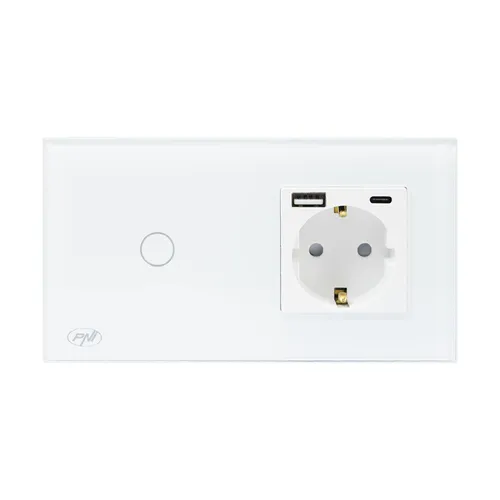 PNI SH115W einfacher Glasschalter mit Touch, kombiniert mit Schuko-Steckdose und USB-Steckern