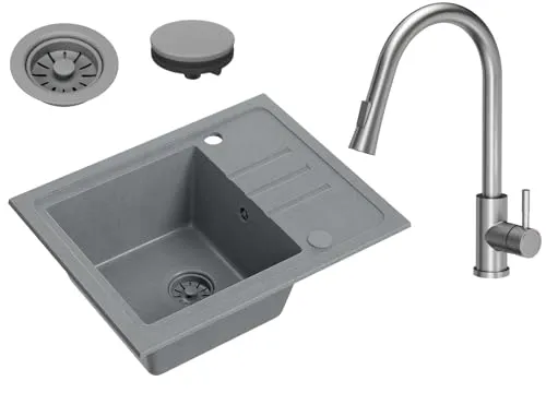 VBChome Spülbecken Granit Grau mit Armatur 55 x 44 cm Einzelbecken Einbauspüle Gesprenkelt Reversibel Granitspüle Grau Siphon Waschbecken Armatur Inox mit Ausziehbarem Auslauf