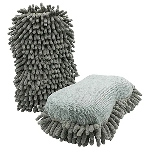 DuW Premium 2in1 Chenille Microfaserschwamm | Chenille Microfaser | grau 28x13x6 cm | Schwamm für die schonende Handwäsche | Autoschwamm Autopflege