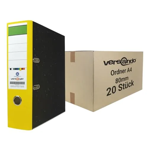 versando 20x breiter Premium Ordner DIN A4 Rücken 8cm Aktenordner Ringordner - Blauer Engel zertifiziert - gelb (1 Karton)