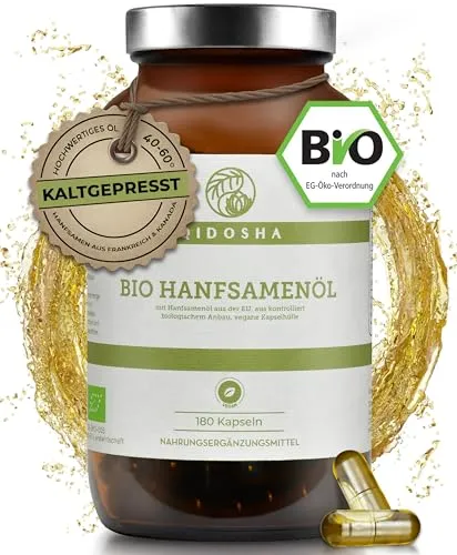 QIDOSHA® Bio Hanfsamenöl Kapseln vegan, 180 Stk - Omega 3-6-9 Öl, hohe Bio-Qualität aus der EU, in nachhaltigen Gläsern verpackt und reich an ungesättigten Fettsäuren für eine gesunde Ernährung.
