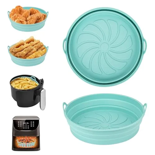 Alyvisun Silikonform für Heißluftfritteuse, 2 Stück Air Fryer Silikonmatte Wiederverwendbar Silikon Backform Pot Zubehör Runde Einsätze Liner für Airfryer, Mikrowelle, Ofen(Blau)