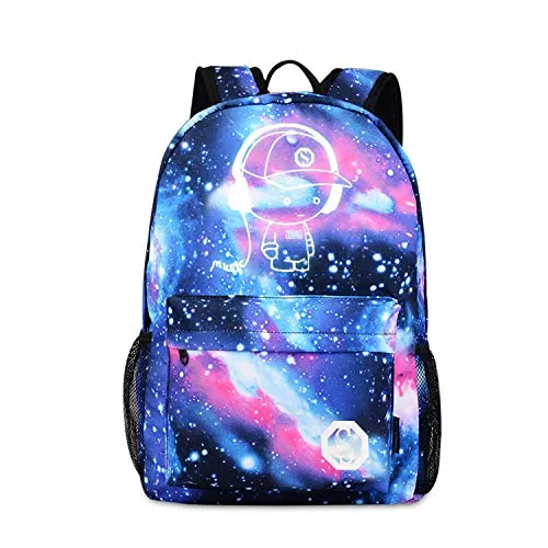 FANDARE Schulrucksack Galaxy Leuchtend Schultasche Junge Mädchen Rucksäcke Schulranzen mit USB Teenager Backpack Tagesrucksack Reise Daypacks Damen Herren Kinderrucksäcke Polyester Blau C