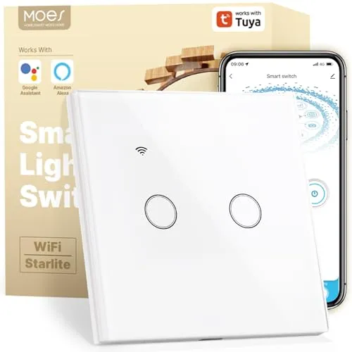 MOES Smart Alexa Wlan Lichtschalter ohne Neutralleiter, Wifi Touch Schalter Unterputz mit Speicher nach dem Ausschalten, Smart Life/Tuya app, Kompatibel mit Alexa und Google Home,2 Fach 1 Wege