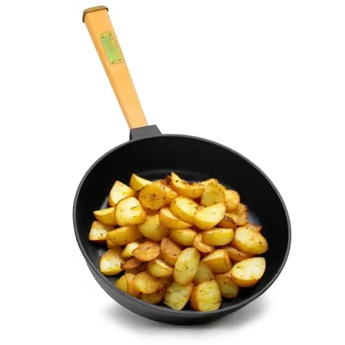 4BIG.fun Bratpfanne aus Gusseisen 26 cm BRIZOLL - Hochwertige Pfanne aus Gusseisen mit abschraubbarem Holzgriff für optimale Handhabung. Ideal für alle Herdarten, inklusive Induktion, und perfekt zum Braten, Grillen und Schmoren.