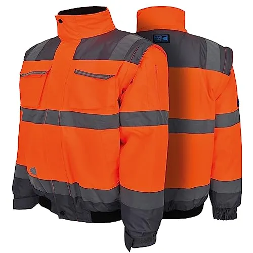 PRO FIT Warnschutz Pilotenjacke – Atmungsaktive Arbeitsjacke, Wind- & Wasserdicht, Ärmel abnehmbar, Reflexstreifen, Unisex - Gr. L, Neonorange/Grau