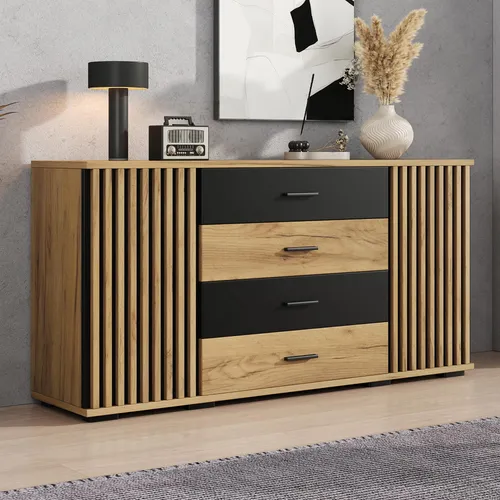MODFU Kommode mit 4 Schubladen – modernes Sideboard in Eiche-Schwarz