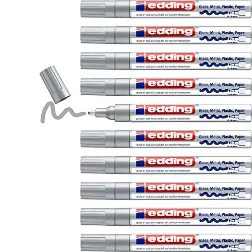 edding 750 Glanzlackmarker - Silber - 10 Stück - Marker & Filzstifte für kreative Projekte; wasserfest und stark deckend auf Glas, Holz, Kunststoff und mehr - ideal für langlebige Ergebnisse.