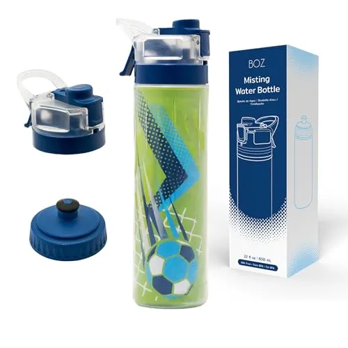 BOZ - Trinkflasche Sport - 650 ml - Mit Fußball-Motiv - BPA-freie Wasserflasche mit Sprühnebel- und Quetschfunktion - Auslaufsichere Trinkflasche für Kinder - Geeignet für Sport, Schule & Freizeit