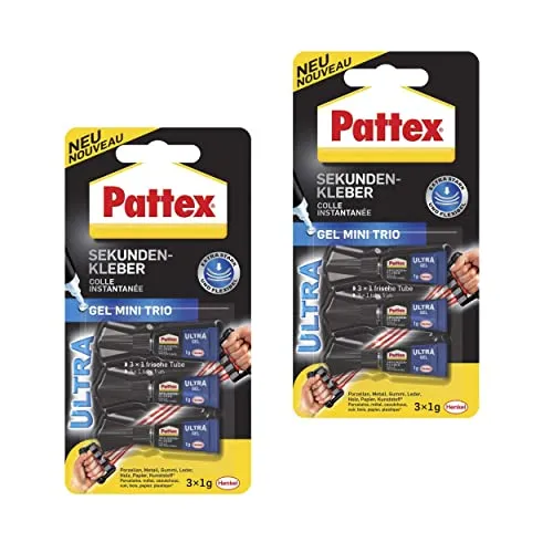 Pattex Sekundenkleber Ultra Gel Mini Trio, 6x 1 g Tube extra starker & flexibler Superkleber, Sekundenkleber Gel für z. B. Gummi, Leder, Holz