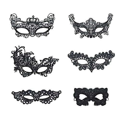 OVISEEN 6 Stück Damen Spitze Maske, Venezianische Maskes Sexy Lace Masker Schwarz Augenmaske Maskerade Maske für Halloween Karneval Party Kostüm Ball