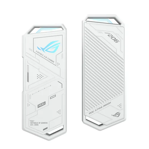 ASUS ROG STRIX Arion White Edition M.2 NVMe-SSD-Gehäuse - Externe Festplattengehäuse mit USB-C 3.2 Gen 2, unterstützt M.2 PCIe NVMe SSDs, aus Aluminiumlegierung für optimale Wärmeableitung und stilvolles Design in Weiß.