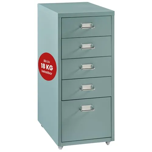 [en.casa] Rollcontainer Kökar - 5-Schubladenschrank mit Rollen in Mintgrün - Schubladenboxen für optimale Büroorganisation, mobil und flexibel dank Rollen, mit praktischen Etikettenhaltern für übersichtliche Beschriftung.