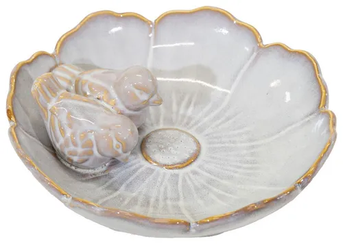 finehomegarden Vogeltränke Vogelbad Blüte mit Vögel rund Ø23cm Vogelbad Futterschale Garten, Vogelbecken pearl Shabby chic Wasserstelle Vogeltränke / Paket