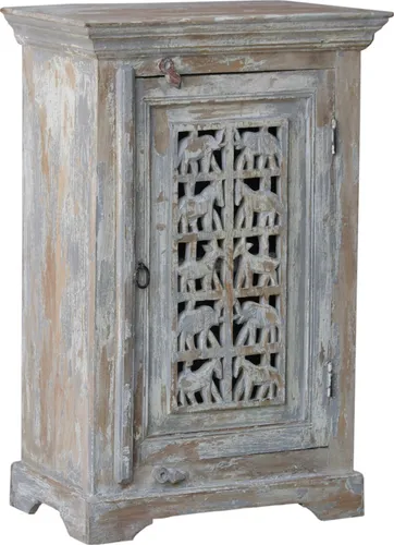 Vintage Beistellschrank S13 - Ethno-Stil - Neuer Nachttisch aus recyceltem Holz, fair gehandelt in Indien. Mit kompakten Maßen von 77x51x30 cm ideal für jedes Zimmer.