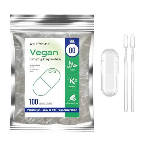 ATLEMISME Leere Kapseln zum Befüllen Größe 00-100 Stück,Vegane Kapseln zum Befüllen mit 2 Mikrolöffeln,Leerkapseln 00 für den Kapselfüller,Manuelle oder Automatische Befüllung