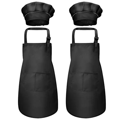 Disino 4 Stück Schwarz Kinder Schürze und Kochmütze Set, Kinder Verstellbare Kochschürze mit 2 Taschen für Jungen Mädchen, Kind Küchenschürzen für Küche Kochen Malerei Backen (7-13 Jahre)
