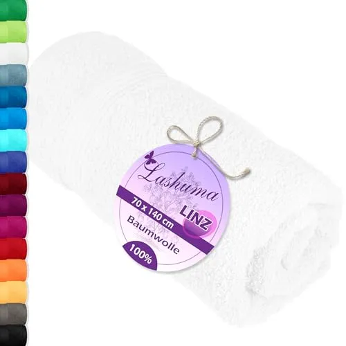 Lashuma Duschhandtuch weiß 70x140 cm, Linz Badetuch Gross, Frottee Duschtuch Hotelqualität