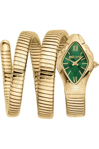 Just Cavalli Time Quarzuhr Cristallo JC1L307M0035 - Damenuhr mit elegantem goldfarbenen Edelstahlarmband und grünem Zifferblatt, spritzwassergeschützt und ideal für stilbewusste Frauen.