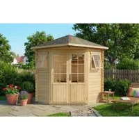 Alpholz 5-Eck Gartenhaus Sunny-A aus Holz - Gerätehaus mit 28 mm Wandstärke, wind- und regendicht, ideal für Gartengeräte oder als gemütliche Gartenlaube. Inklusive Montagematerial und einfacher Anleitung für die Montage.