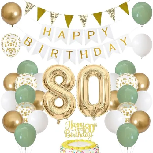 80. Geburtstag Dekoration Salbeigrüne, Grün Gold Luftballon Deko 80. Geburtstag mit Zahl 80 Folienballon, Happy Birthday Banner, Tortendeko für 80. Happy Birthday Deko Frau Mann
